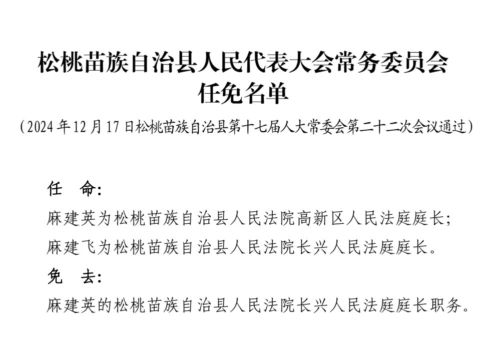 松桃苗族自治县人民代表大会常务委员会 任免名